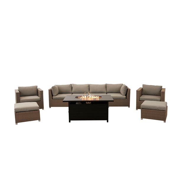 Think Patio Chambers Bay 9-Piece Metal Frame Conversation Set with Fire Table and Grey Cushions