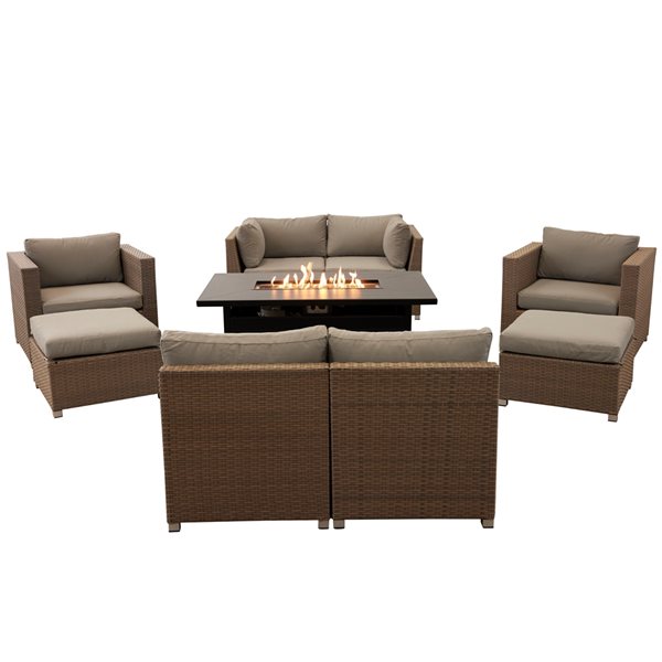 Think Patio Chambers Bay 9-Piece Metal Frame Conversation Set with Fire Table and Grey Cushions