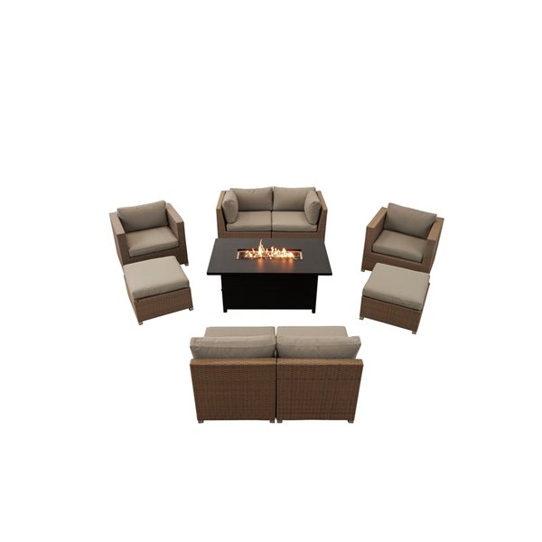 Think Patio Chambers Bay 9-Piece Metal Frame Conversation Set with Fire Table and Grey Cushions
