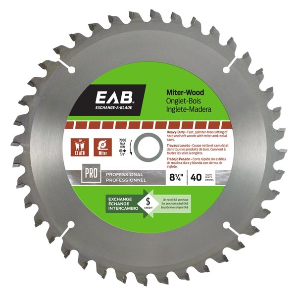 Lame de scie circulaire au carbure à onglet de 8 1/4 po à 40 dents coupe à sec uniquement par Exchange-A-Blade