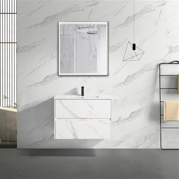 CASAINC 30-in Single Sink Bathroom Vanity in White Marble Grain with White Top