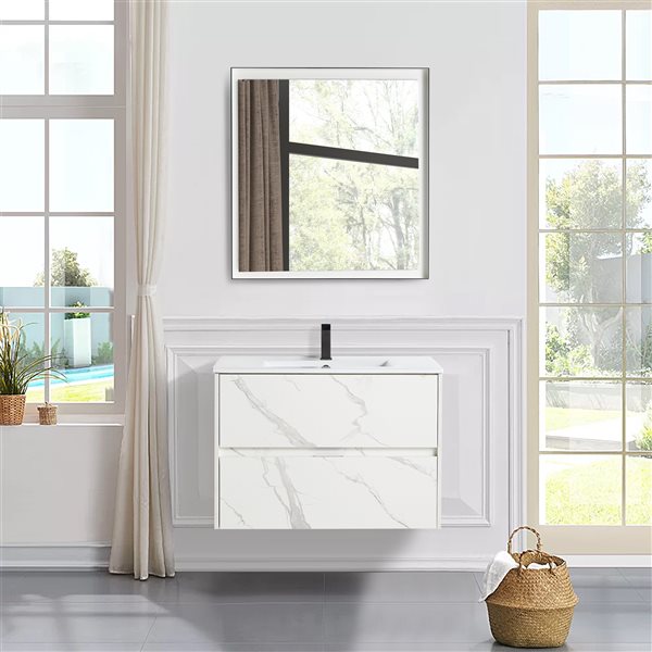 CASAINC 30-in Single Sink Bathroom Vanity in White Marble Grain with White Top