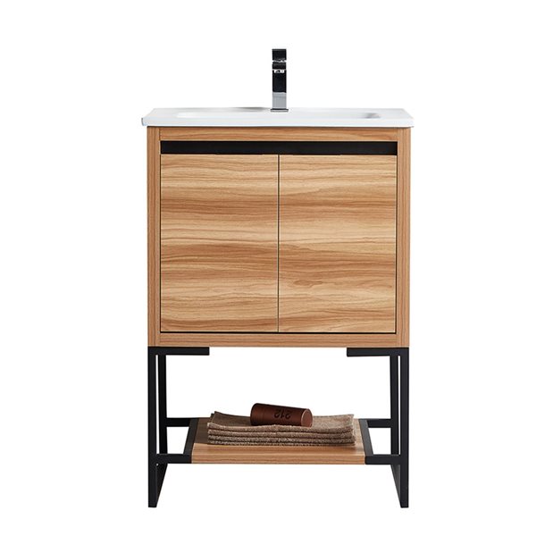 CASAINC 24-in Freestanding Single Sink Bathroom Vanity in Maple with White Ceramic Top