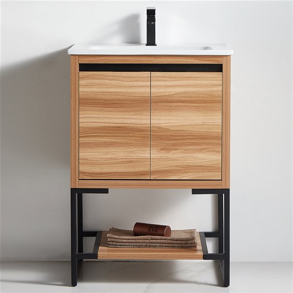 CASAINC 24-in Freestanding Single Sink Bathroom Vanity in Maple with White Ceramic Top