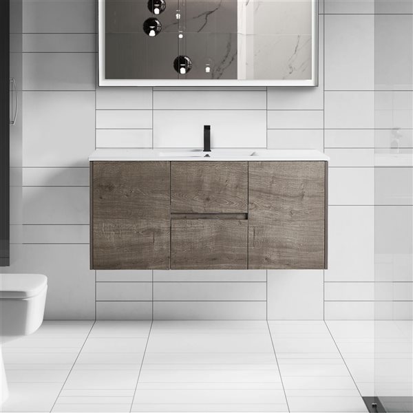 CASAINC 48-in Single Sink Bathroom Vanity in Plaid Grey Oak with White Top