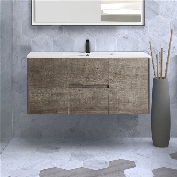 CASAINC 48-in Single Sink Bathroom Vanity in Plaid Grey Oak with White Top