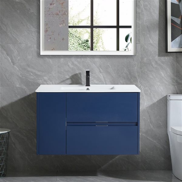 CASAINC 36-in Single Sink Bathroom Vanity in Navy Blue with White Top