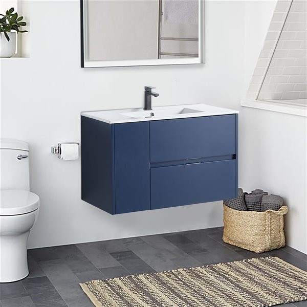 CASAINC 36-in Single Sink Bathroom Vanity in Navy Blue with White Top