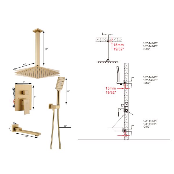 CASAINC 10-in Shower System Gold 1-handle Shower Faucet (Valve Included)