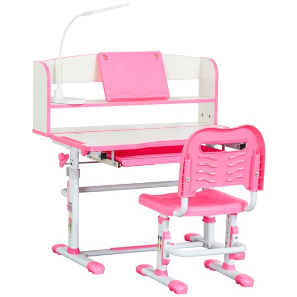 Qaba 31.5-in Height Adjustable Pink Kids Desk and Chair with LED Lamp