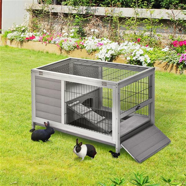 PawHut Grey Wood Rabbit Hutch