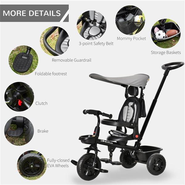 Qaba 4-in-1 Grey Tricycle Push Stroller with Adjustable Seat