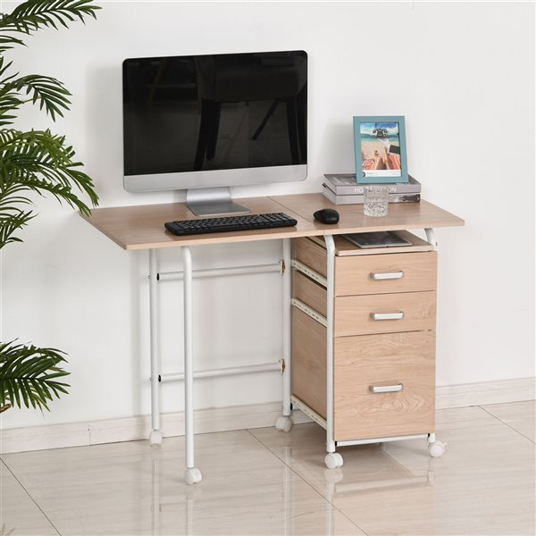 HomCom 19.75-in Brown Modern/Contemporary Foldable Desk on Wheels with 3 Drawers