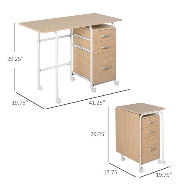 HomCom 19.75-in Brown Modern/Contemporary Foldable Desk on Wheels with 3 Drawers