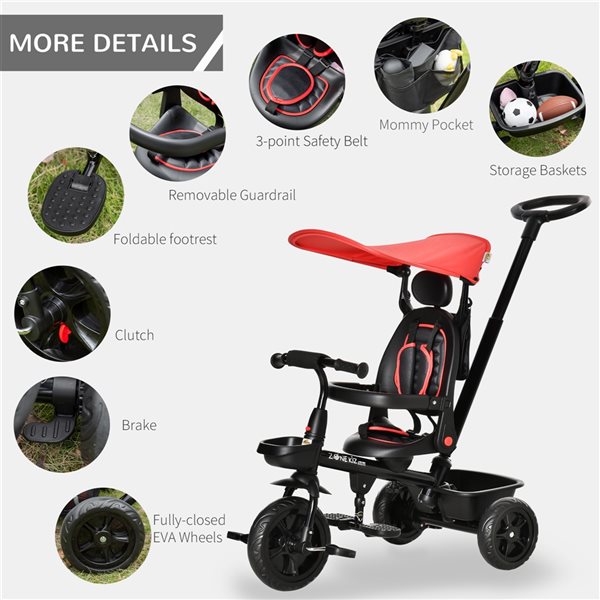 Qaba 4-in-1 Red Tricycle Push Stroller with Adjustable Seat