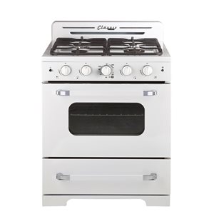 Cuisinière au gaz autoportante blanc guimauve Classic Retro par Unique de 30 po et 3,9 pi³ à 4 brûleurs avec four à c…