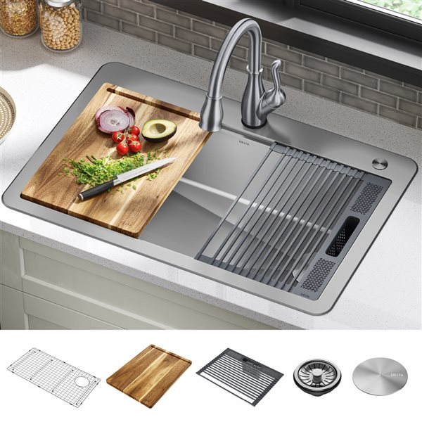 Delta Lorelai 33-in Stainless Steel Top Mount Workstation Single Bowl Kitchen Sink