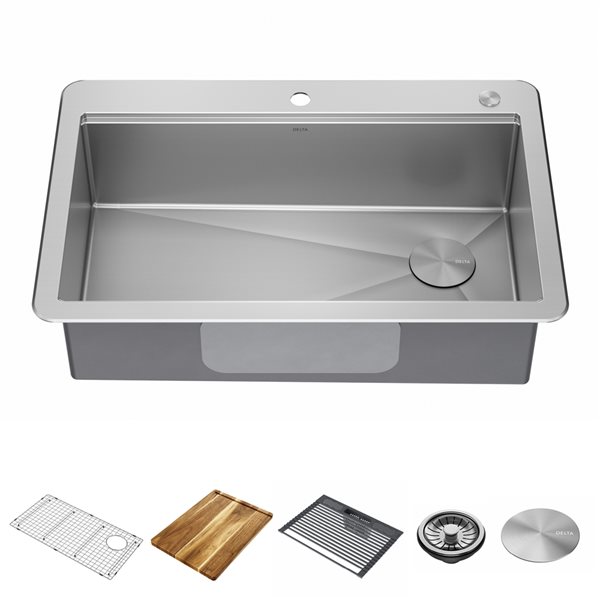 Delta Lorelai 33-in Stainless Steel Top Mount Workstation Single Bowl Kitchen Sink