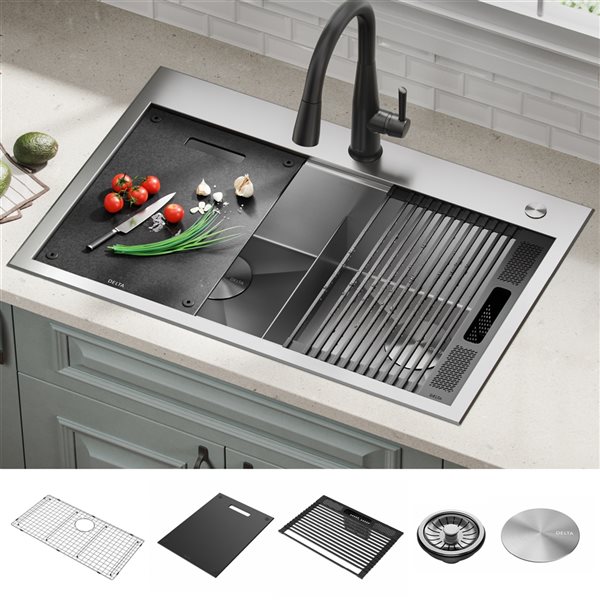 Delta Rivet 33-in x 16-in x 9-in Stainless Steel Top Mount Double Bowl Kitchen Sink