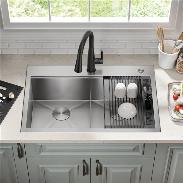 Delta Rivet 33-in x 16-in x 9-in Stainless Steel Top Mount Double Bowl Kitchen Sink