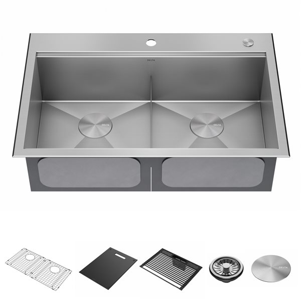 Delta Rivet 33-in x 16-in x 9-in Stainless Steel Top Mount Double Bowl Kitchen Sink