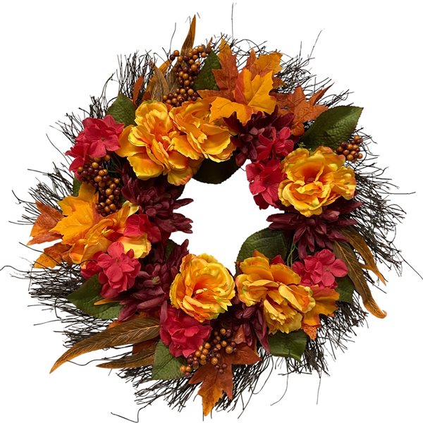 Northlight 24-in Red/Orange/Yellow Artificial Peony and Chrysanthemum Wreath