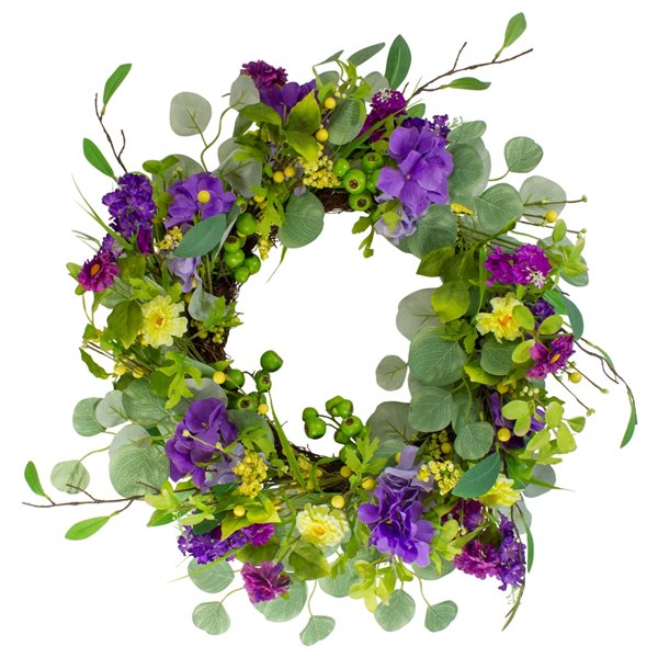 Northlight 23-in Purple Artificial Hydrangea and Eucalyptus Wreath ...