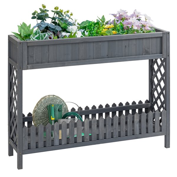 Outsunny 12in x 47in Grey Raised Garden Bed with Storage Shelf 845