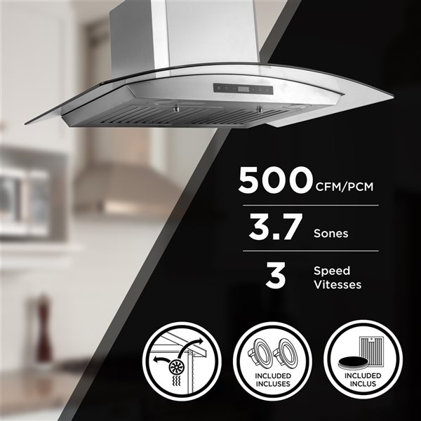 Aria 30-in Convertible Glass and Stainless Steel Wall Mounted Range Hood with Charcoal Filter