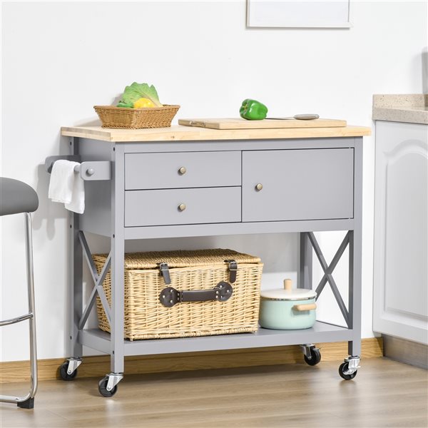 HomCom Grey Wood Base with Rubberwood Wood Top Kitchen Cart (17.75-in x 42.5-in x 35-in)