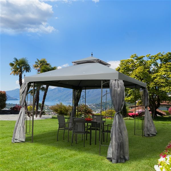 Outsunny Grey Metal Square Semi-Permanent Gazebo Polyester Roof 10-ft x 10-ft