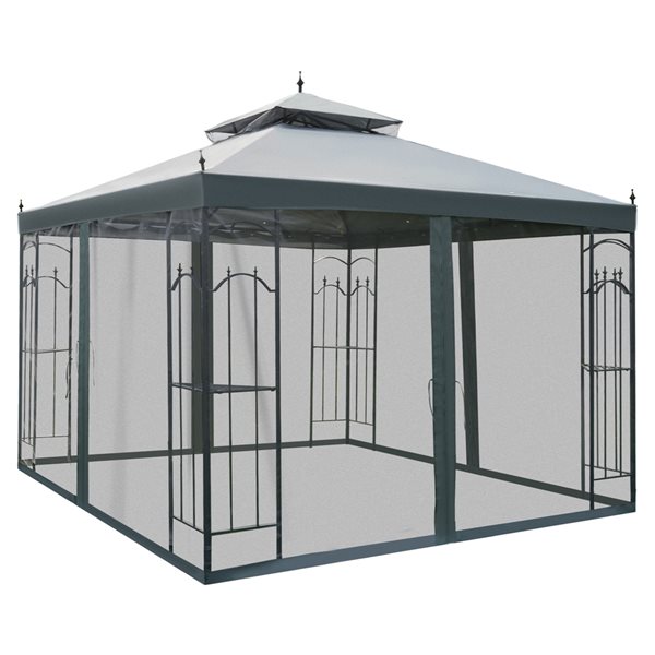 Outsunny Grey Metal Square Semi-Permanent Gazebo Polyester Roof 10-ft x 10-ft