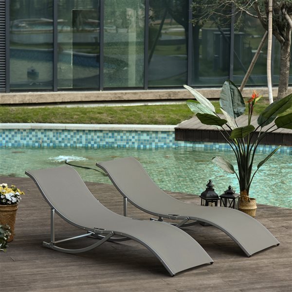 Outsunny Light Grey Metal Stationary Chaise Lounge Chairs with Light Grey Mesh Seat - Set of 2