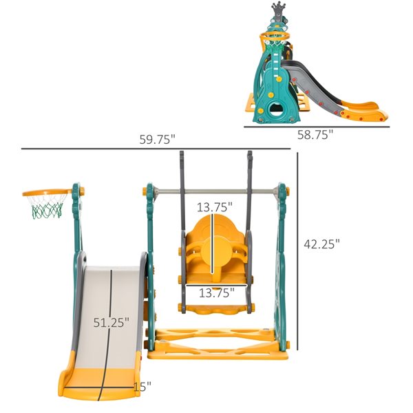 Qaba 3-in-1 Kids Swing and Slide Set with Basketball Hoop