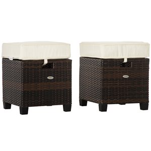 Poufs en rotin brun pour l'extérieur par Outsunny avec coussins blancs, ensemble de 2