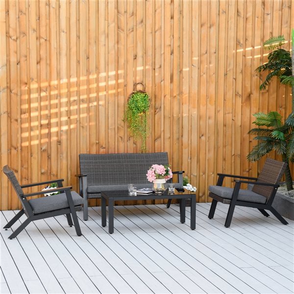 Outsunny 4-Piece Plastic Frame Patio Conversation Set with Grey Cushion