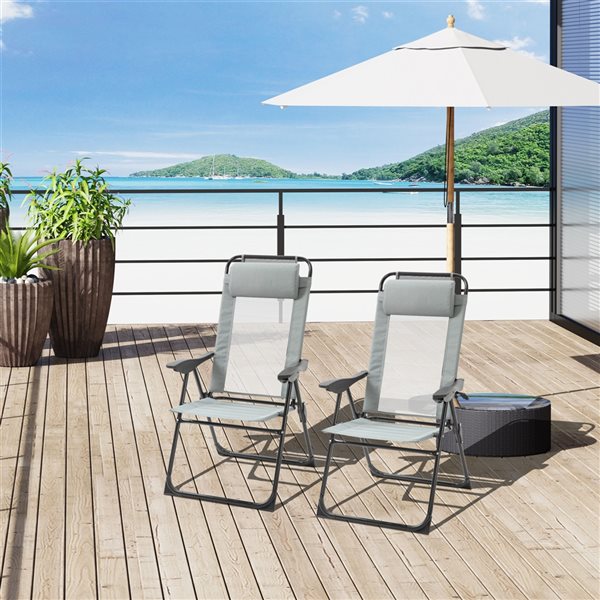 Outsunny Black Metal Stationary Recliner Chairs with Light Grey Mesh Seat - Set of 4