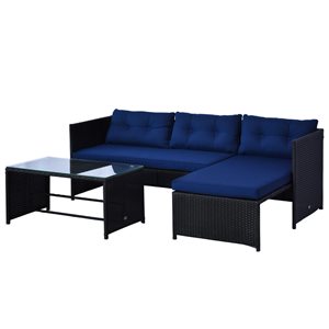 Sofa pour l'extérieur en rotin par Outsunny avec coussins bleus et cadre en acier