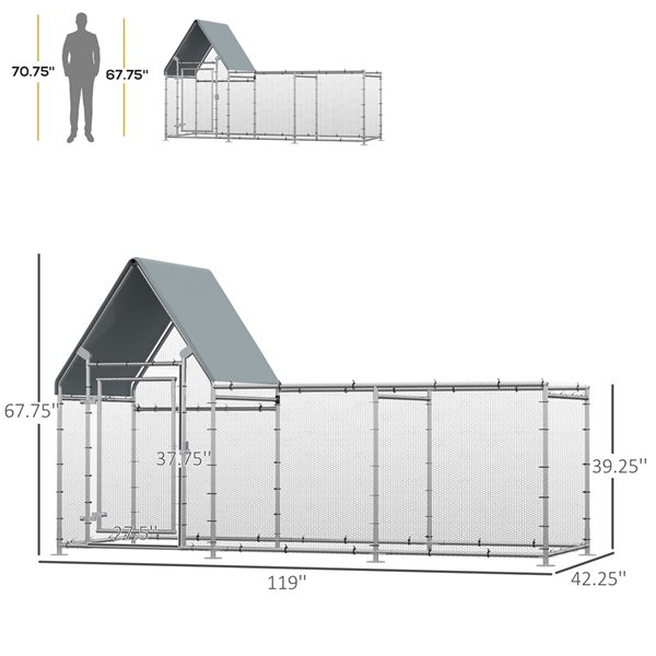 PawHut 67.75-in x 42.25-in Grey/Silver Steel Outdoor Chicken Coop Rabbit Hutch