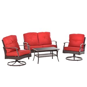 Ensemble de mobilier extérieur en plastique par Outsunny avec coussin rouge, 4 pièces