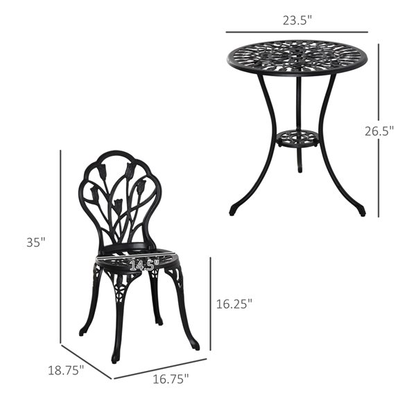 Outsunny Black Cast Aluminum Outdoor Patio Bistro Set with Umbrella Hole - 3-Piece
