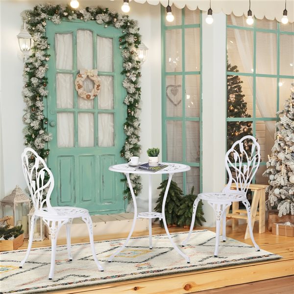 Outsunny White Cast Aluminum Outdoor Patio Bistro Set with Umbrella Hole - 3-Piece