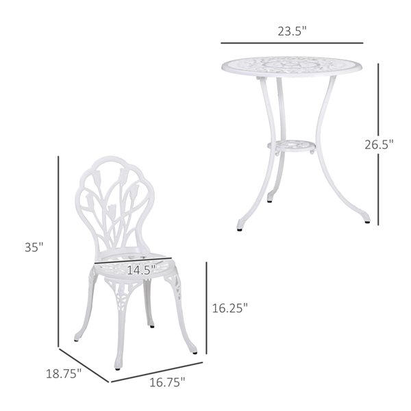 Outsunny White Cast Aluminum Outdoor Patio Bistro Set with Umbrella Hole - 3-Piece