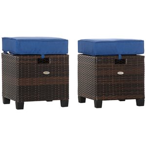 Outsunny Brown Outdoor Rattan Ottomans with Blue Cushions - Set of 2