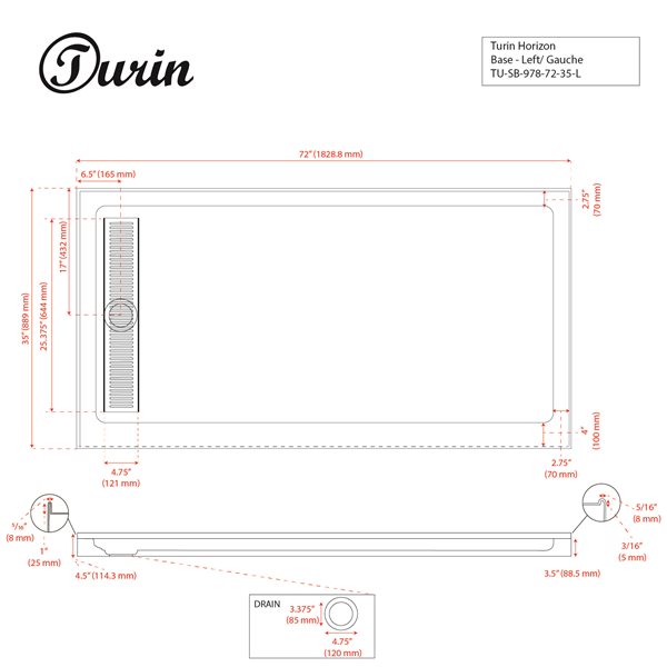 Base de douche Horizon en acrylic blanc de 36 po x 72 po par Turin avec drain nickel du côté gauche