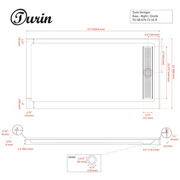 Turin Vertiges 36-in x 72-in White Acrylic Shower Base with Right Black Drain