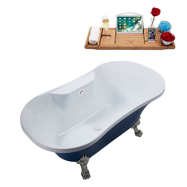 Streamline 32W x 60L Matte Dark Blue Acrylic Clawfoot Bathtub with Brushed Nickel Feet and Center Drain with Tray