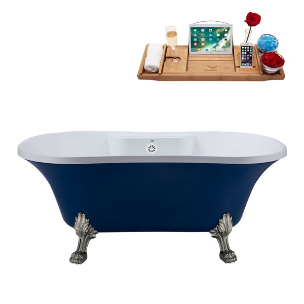 Streamline 32W x 60L Matte Dark Blue Acrylic Clawfoot Bathtub with Brushed Nickel Feet and Center Drain with Tray