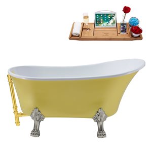 Streamline 28W x 63L Matte Yellow Acrylic Clawfoot Bathtub with Brushed Nickel Feet and Reversible Drain with Tray