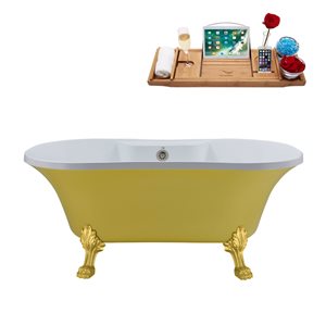 Streamline 32W x 60L Matte Yellow Acrylic Clawfoot Bathtub with Polished Gold Feet and Center Drain with Tray